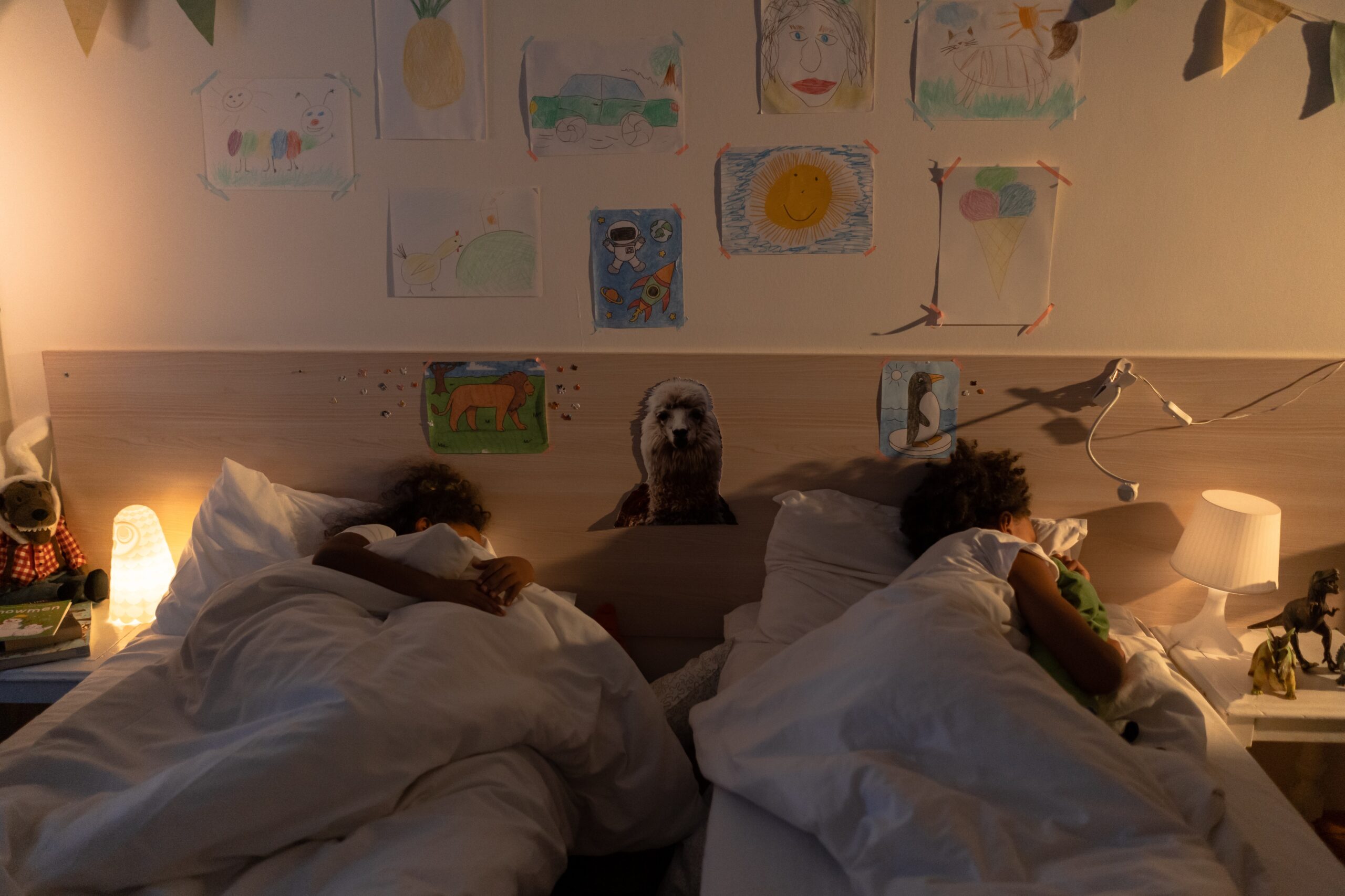 A darkened bedroom with twins sleeping in their own beds