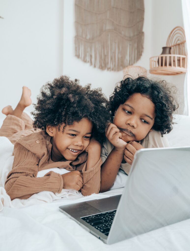 Twins laying on a bed looking at a laptop