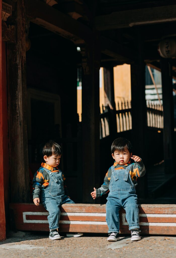 Twin boys wearing overalls sitting on stairs
