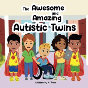 The Awesome and Amazing Autistic Twins book cover with cartoon depiction of 5 children on the front.  
