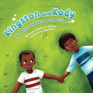 Book cover for Kingston and Kody, cartoon drawing of twin boys with autism